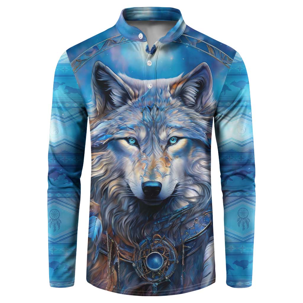 Blue wolf graphic button henley sweatshirt, full front view with wolf head centerpiece