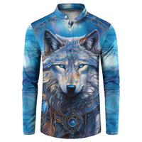 Blue wolf graphic button henley sweatshirt, full front view with wolf head centerpiece