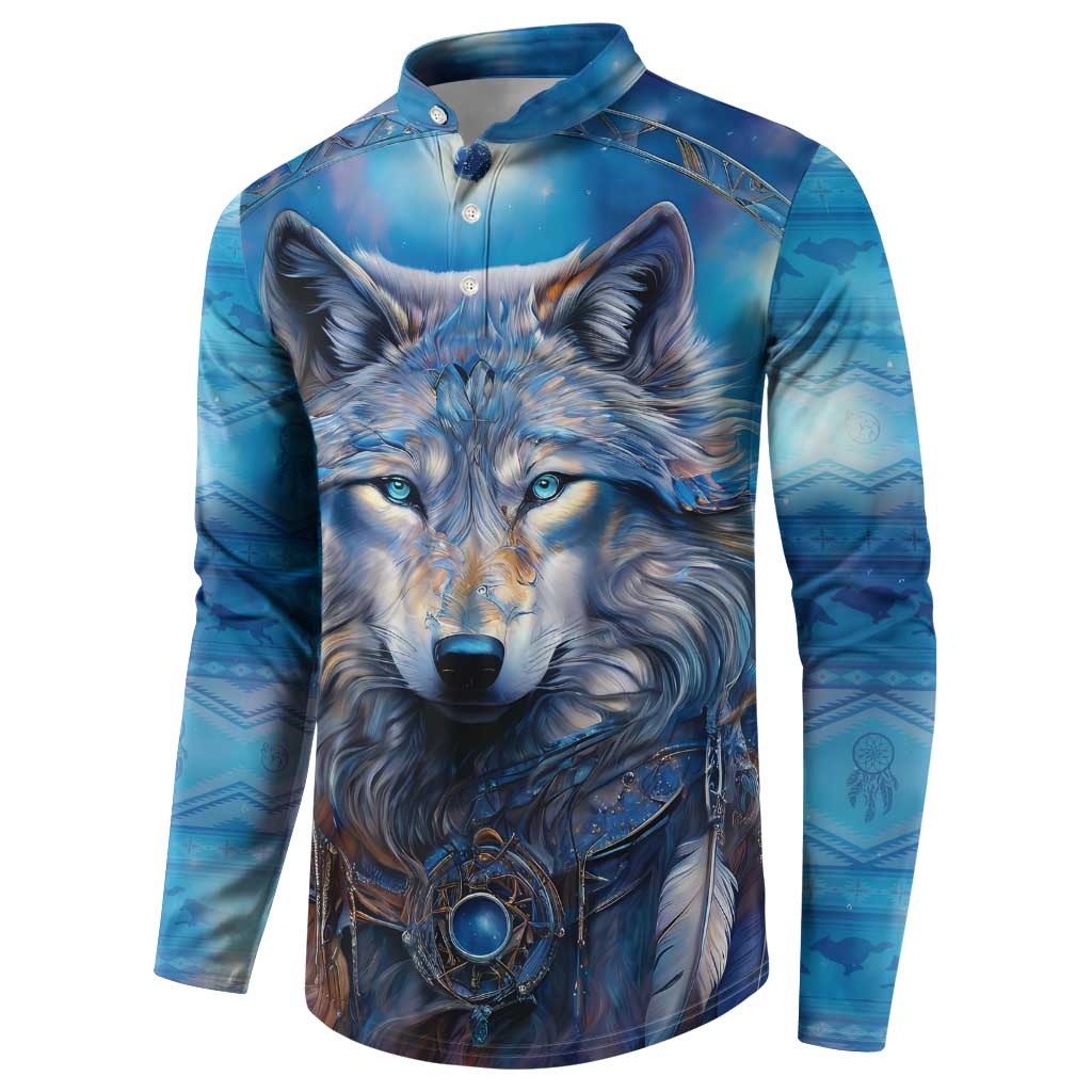 Blue wolf graphic button henley sweatshirt, close front view with wolf head and pendant