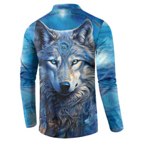 Blue wolf graphic button henley sweatshirt, back view showing wolf face artwork