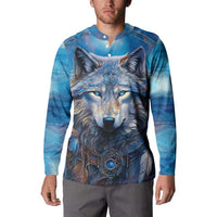 Blue wolf graphic button henley sweatshirt, front with wolf head and chest details