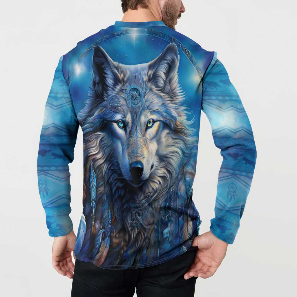Blue wolf graphic button henley sweatshirt, back design with large wolf face