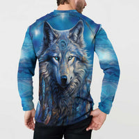 Blue wolf graphic button henley sweatshirt, back design with large wolf face
