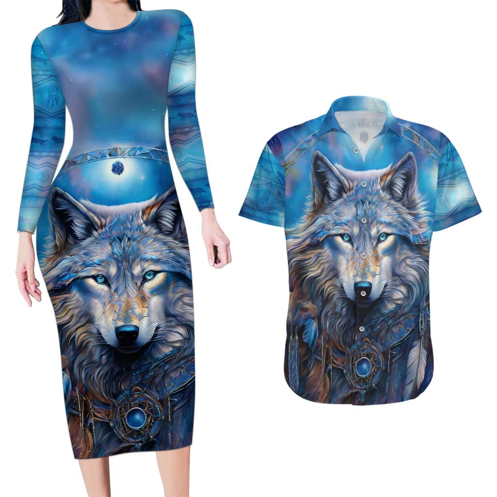 Beautiful Native American Wolf Couples Matching Long Sleeve Bodycon Dress and Hawaiian Shirt Galaxy Art