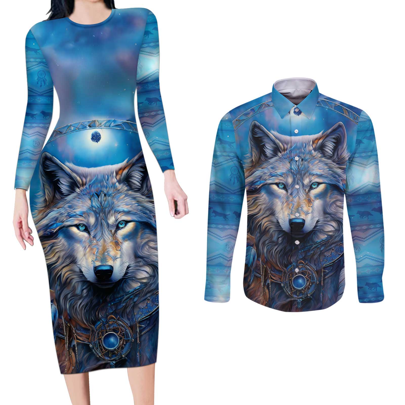 Beautiful Native American Wolf Couples Matching Long Sleeve Bodycon Dress and Long Sleeve Button Shirt Galaxy Art