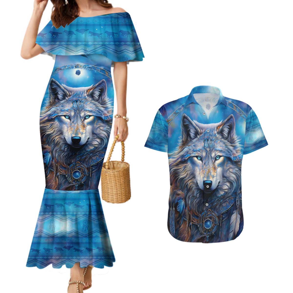 Beautiful Native American Wolf Couples Matching Mermaid Dress and Hawaiian Shirt Galaxy Art