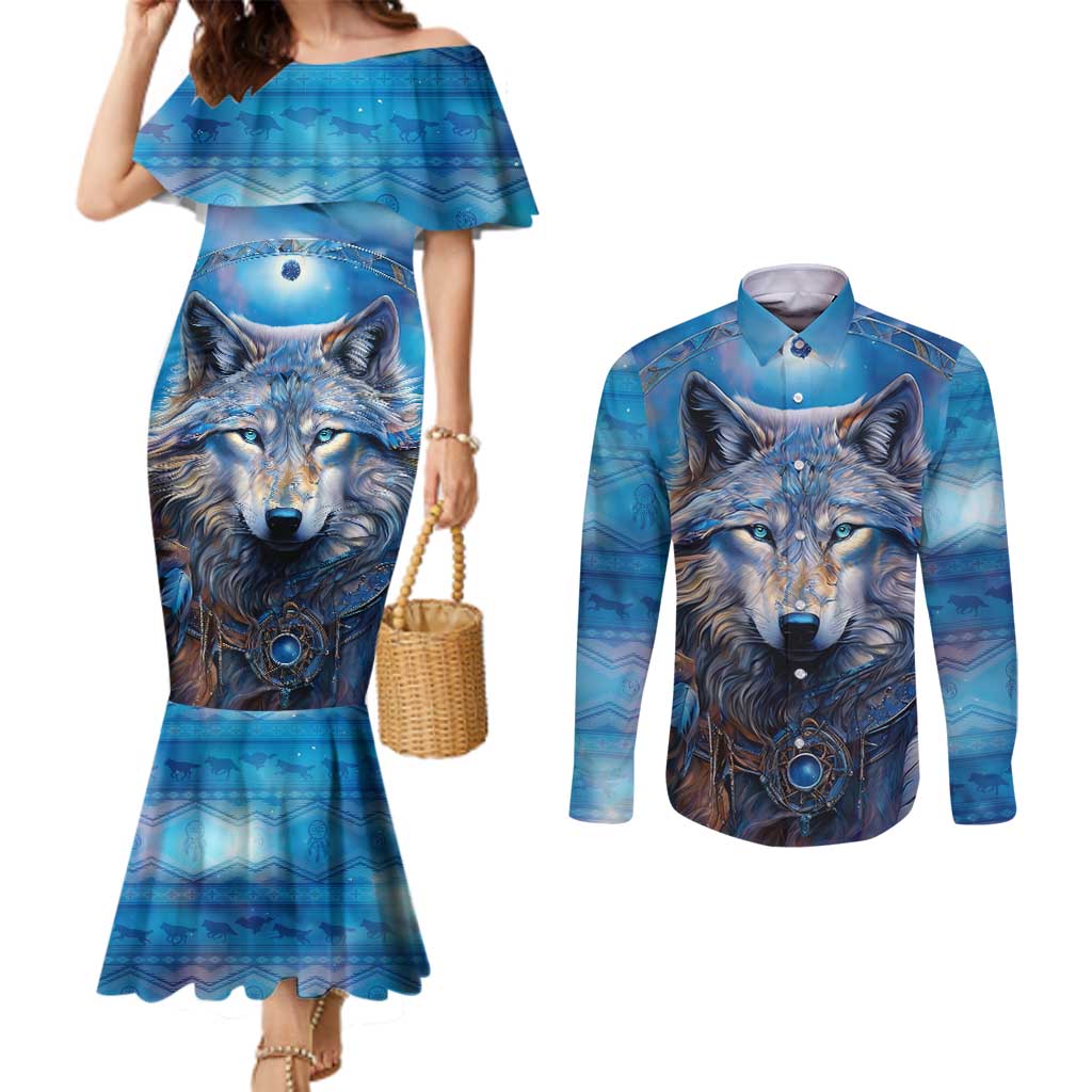 Beautiful Native American Wolf Couples Matching Mermaid Dress and Long Sleeve Button Shirt Galaxy Art