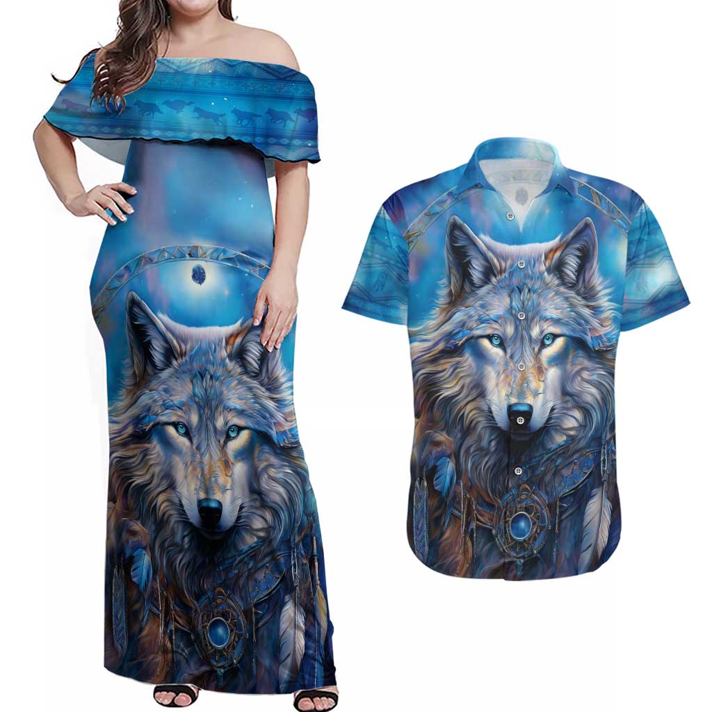 Beautiful Native American Wolf Couples Matching Off Shoulder Maxi Dress and Hawaiian Shirt Galaxy Art