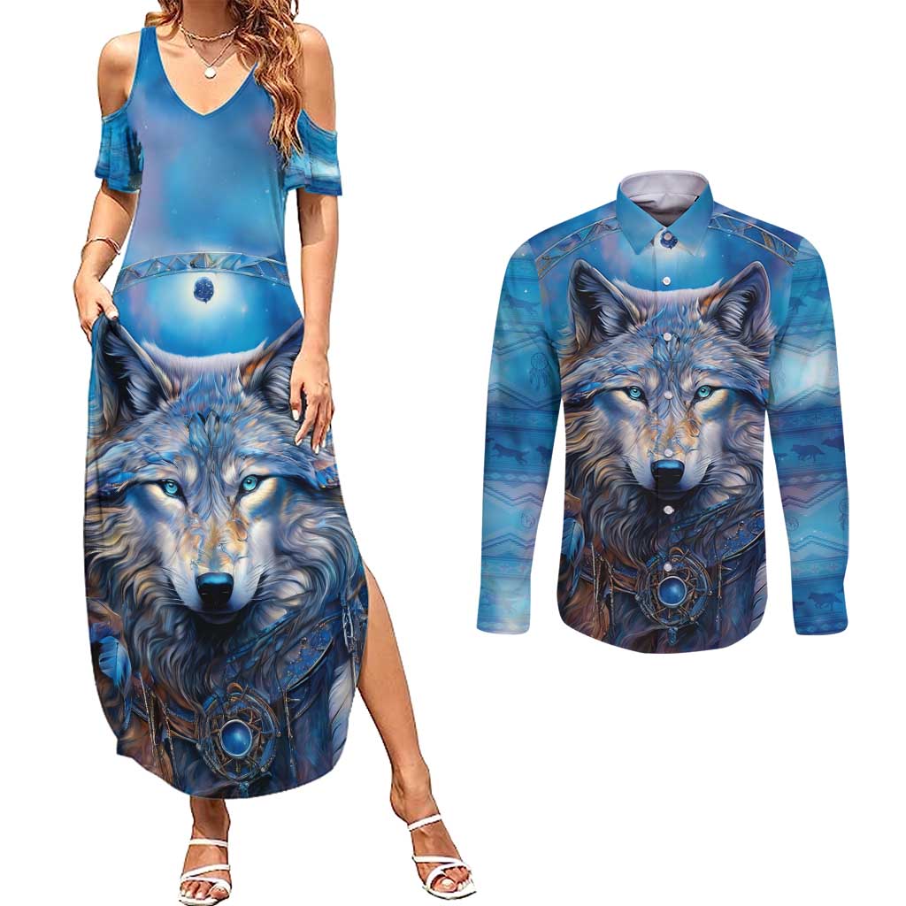 Beautiful Native American Wolf Couples Matching Summer Maxi Dress and Long Sleeve Button Shirt Galaxy Art