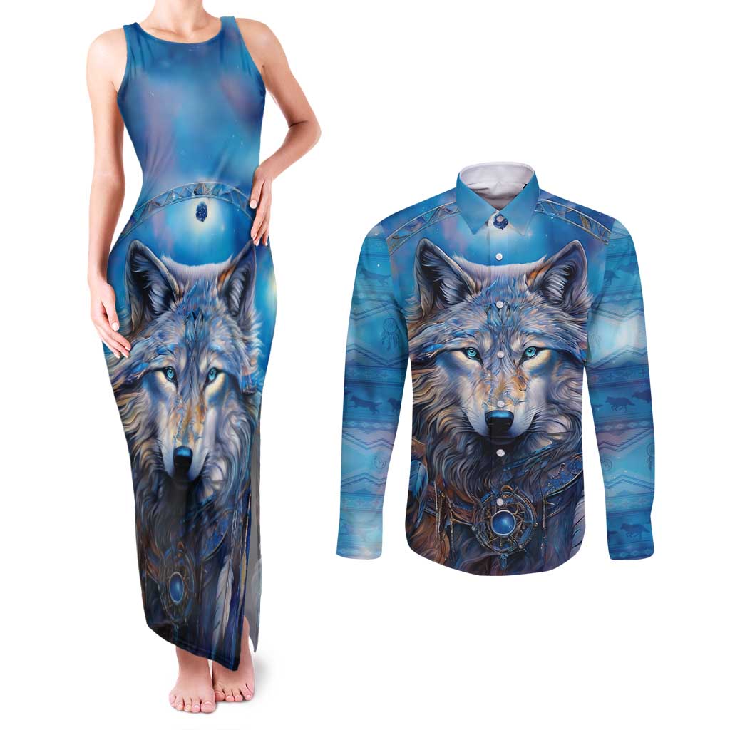 Beautiful Native American Wolf Couples Matching Tank Maxi Dress and Long Sleeve Button Shirt Galaxy Art