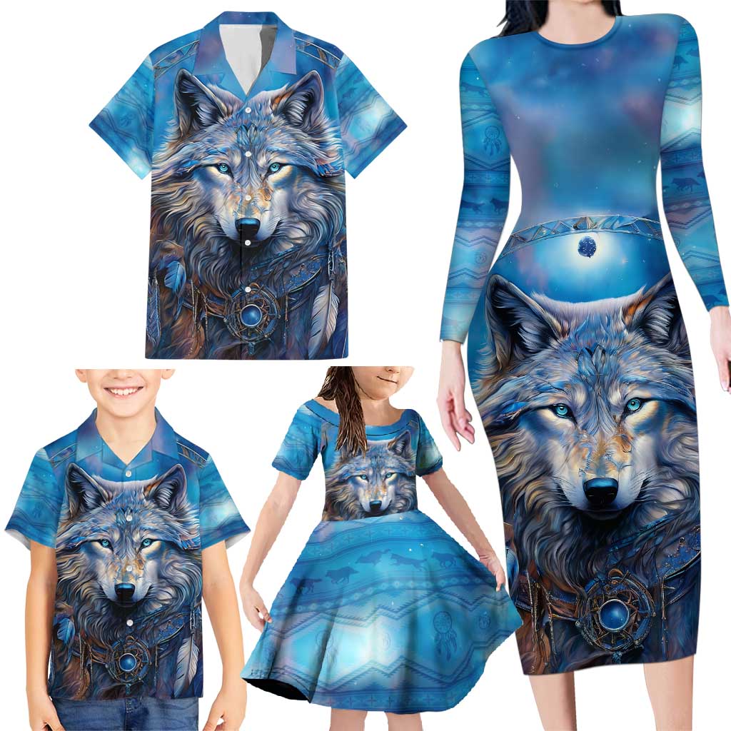 Beautiful Native American Wolf Family Matching Long Sleeve Bodycon Dress and Hawaiian Shirt Galaxy Art