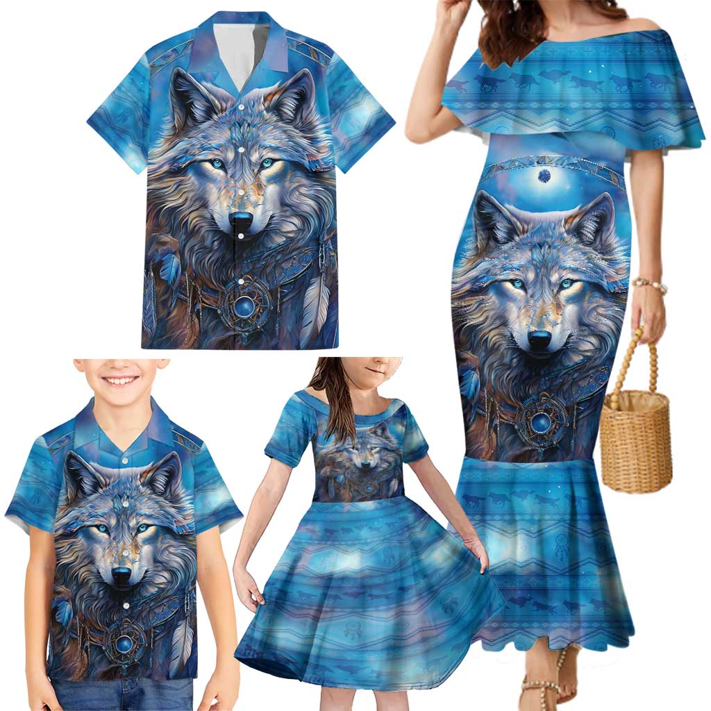 Beautiful Native American Wolf Family Matching Mermaid Dress and Hawaiian Shirt Galaxy Art