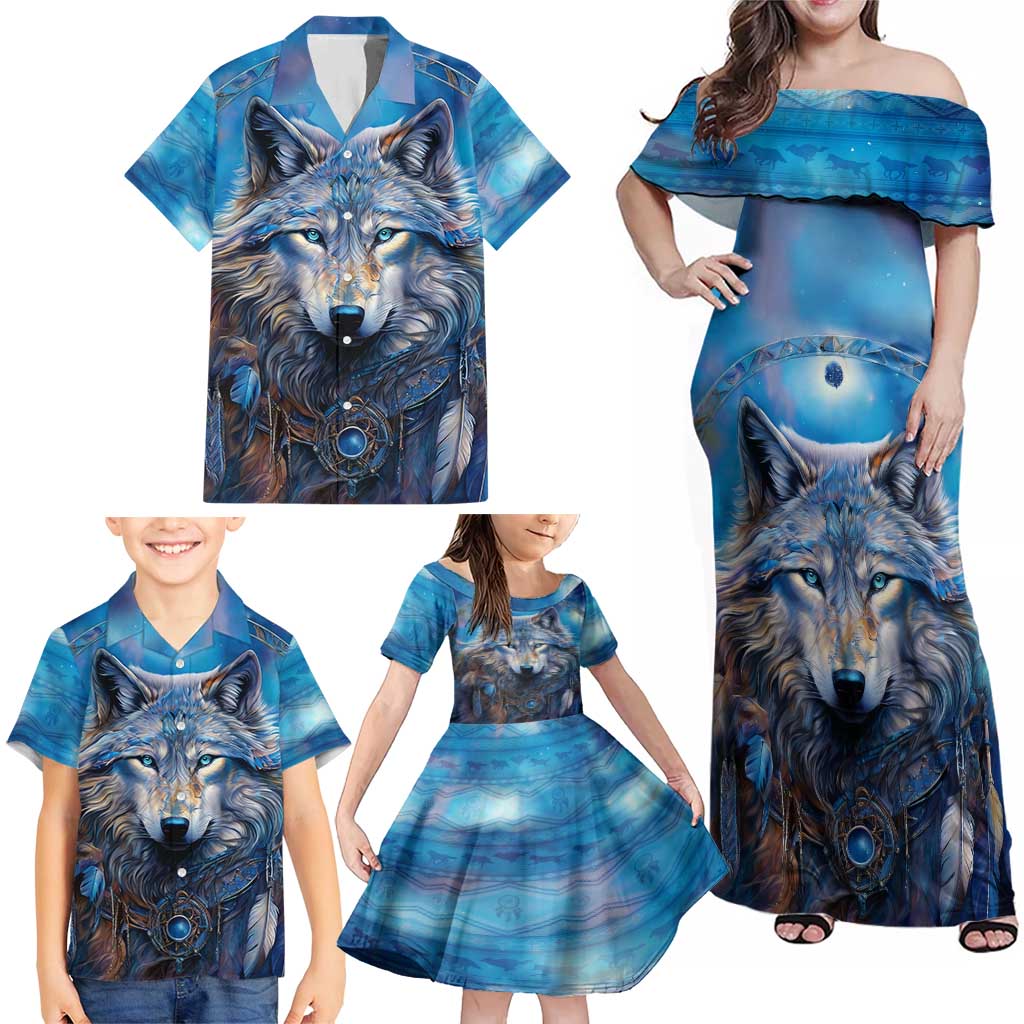 Beautiful Native American Wolf Family Matching Off Shoulder Maxi Dress and Hawaiian Shirt Galaxy Art