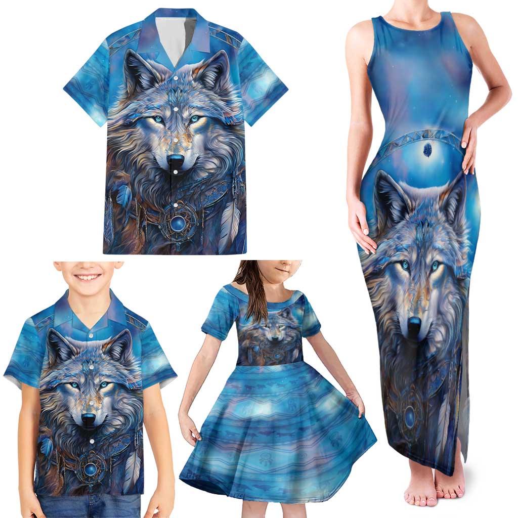 Beautiful Native American Wolf Family Matching Tank Maxi Dress and Hawaiian Shirt Galaxy Art