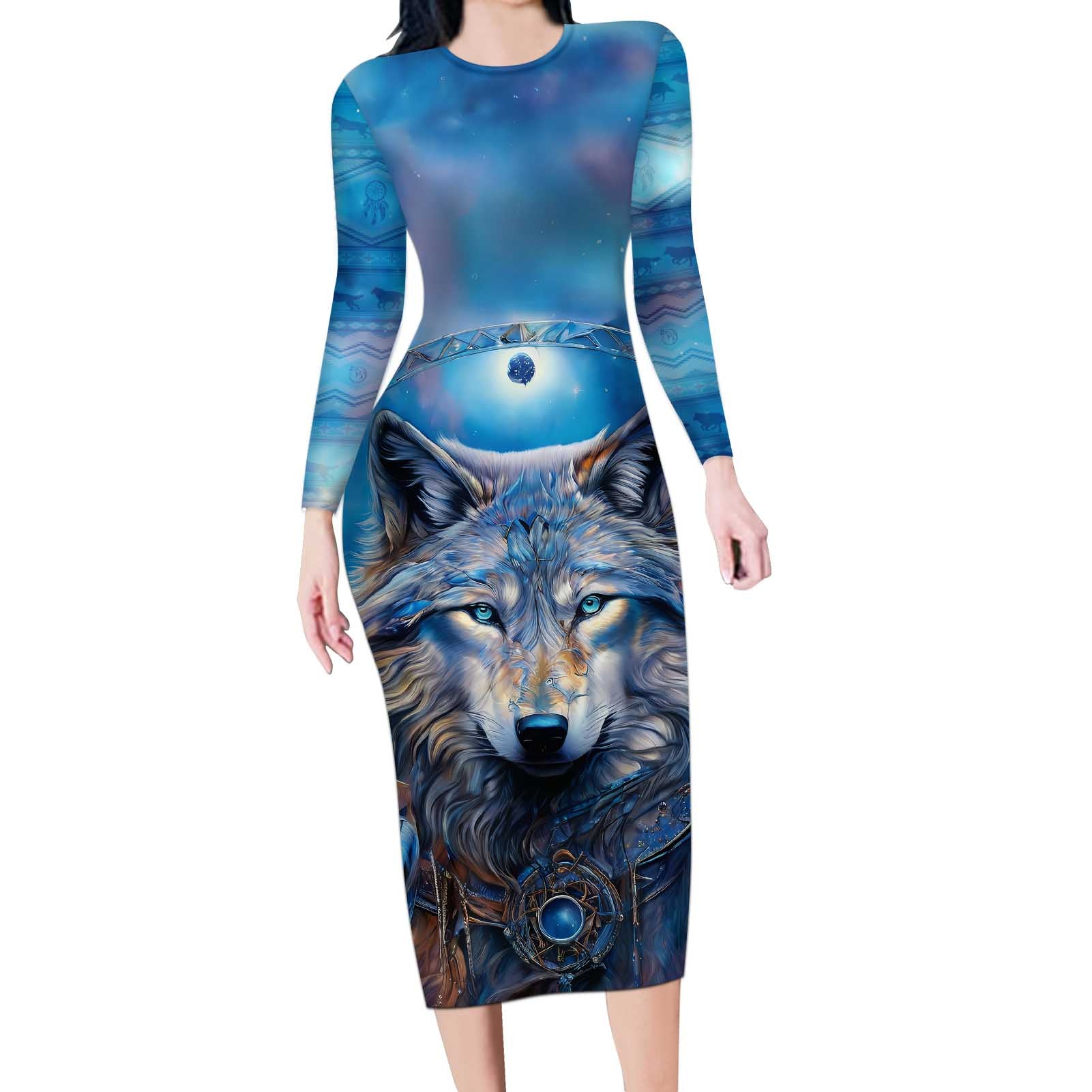 Beautiful Native American Wolf Long Sleeve Bodycon Dress Galaxy Art