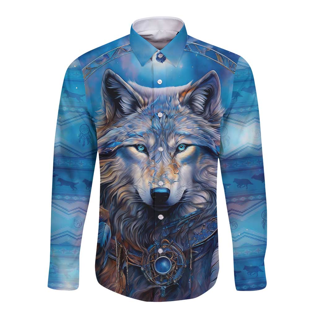 Blue long-sleeve button shirt with wolf face graphic, front view and collar