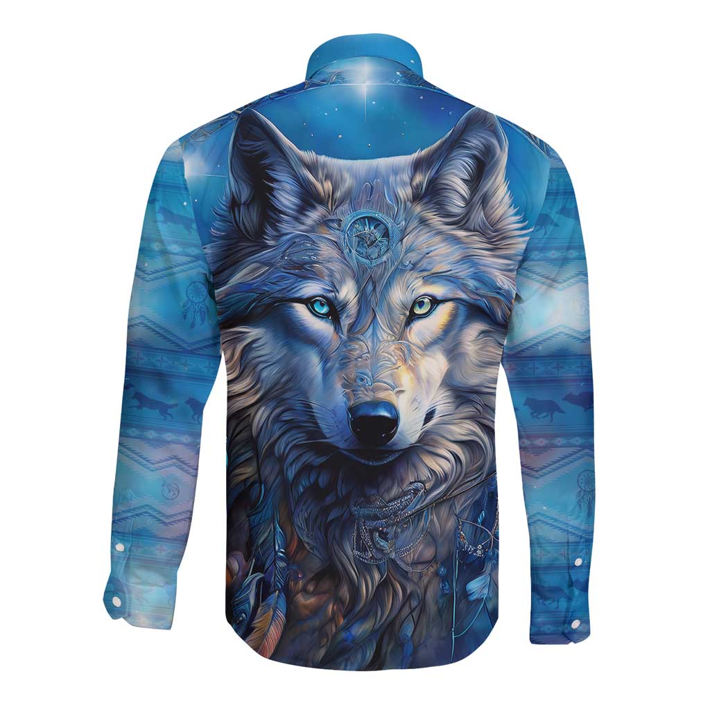 Blue long-sleeve button shirt with wolf head graphic, back view