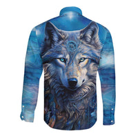 Blue long-sleeve button shirt with wolf head graphic, back view