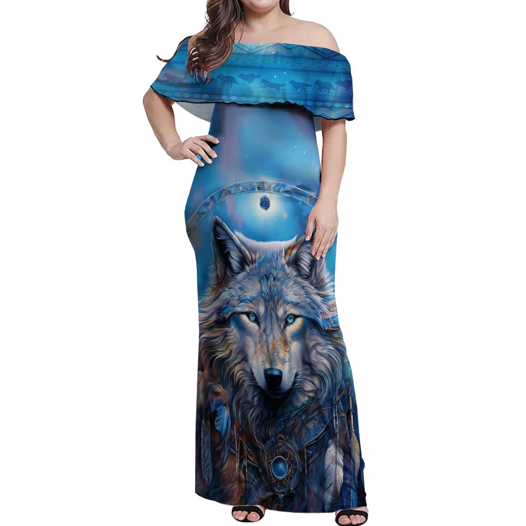 Beautiful Native American Wolf Off Shoulder Maxi Dress Galaxy Art