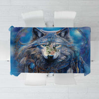 Blue wolf-themed tablecloth with detailed wolf portrait and floral accents