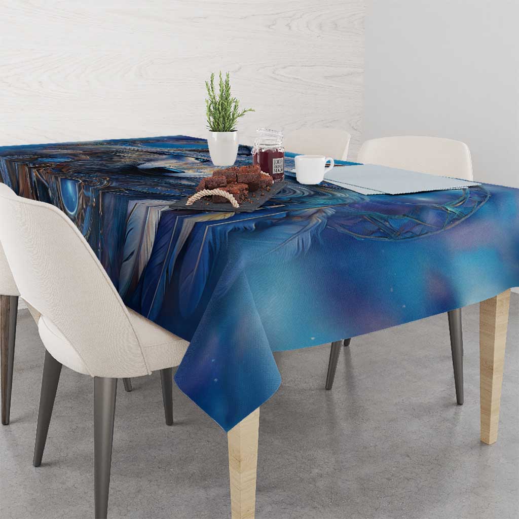 Blue rectangular tablecloth with wolf face graphic and celestial swirl accents