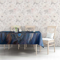 Blue wolf-themed tablecloth with dark wolf face print and hanging floral details