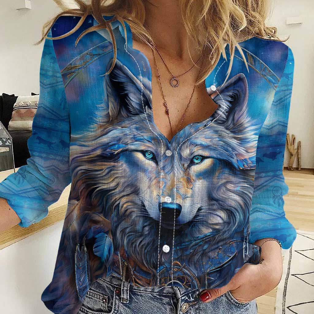 Beautiful Native American Wolf Women Casual Shirt Galaxy Art - Wonder Print Shop