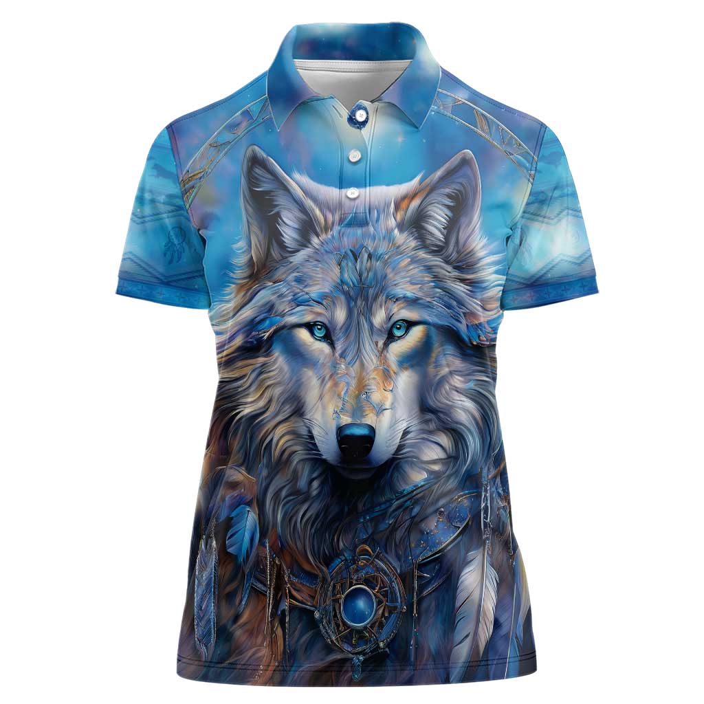 Beautiful Native American Wolf Women Polo Shirt Galaxy Art