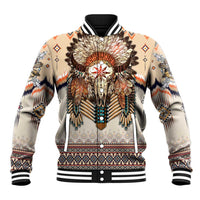 Beige baseball jacket with buffalo skull front graphic, snap buttons, striped ribbed collar