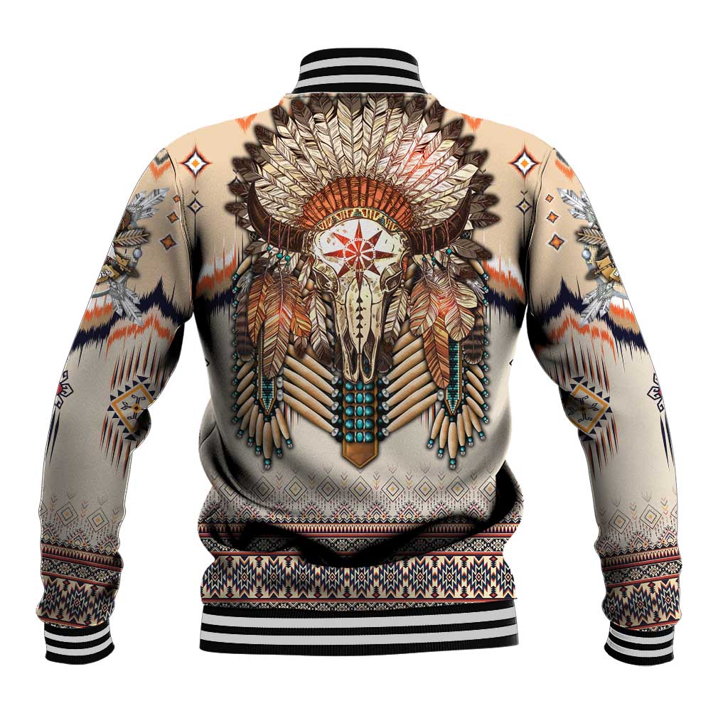 Beige baseball jacket with Native-style buffalo skull and feather graphic on back
