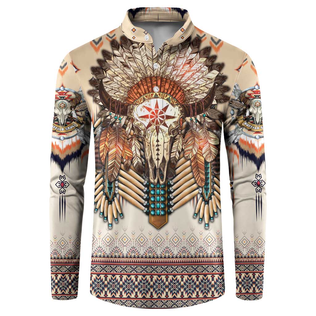 Beige crewneck sweatshirt with button placket, buffalo skull feather graphic and bead fringe