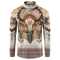 Beige crewneck sweatshirt with button placket, buffalo skull feather graphic and bead fringe