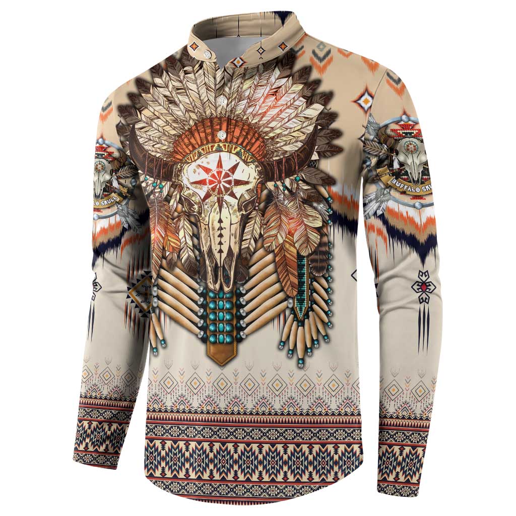 Beige long-sleeve sweatshirt with button placket, buffalo skull feather print at front