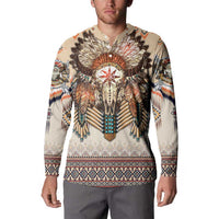 Beige men’s sweatshirt with button placket, front buffalo skull feather artwork; long sleeves
