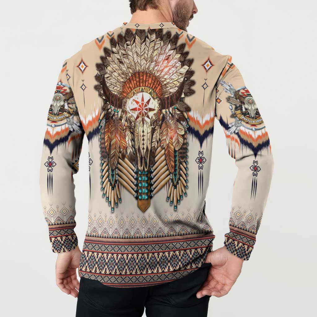 Beige sweatshirt, back view of buffalo skull feather graphic with blue bead fringe; long sleeves
