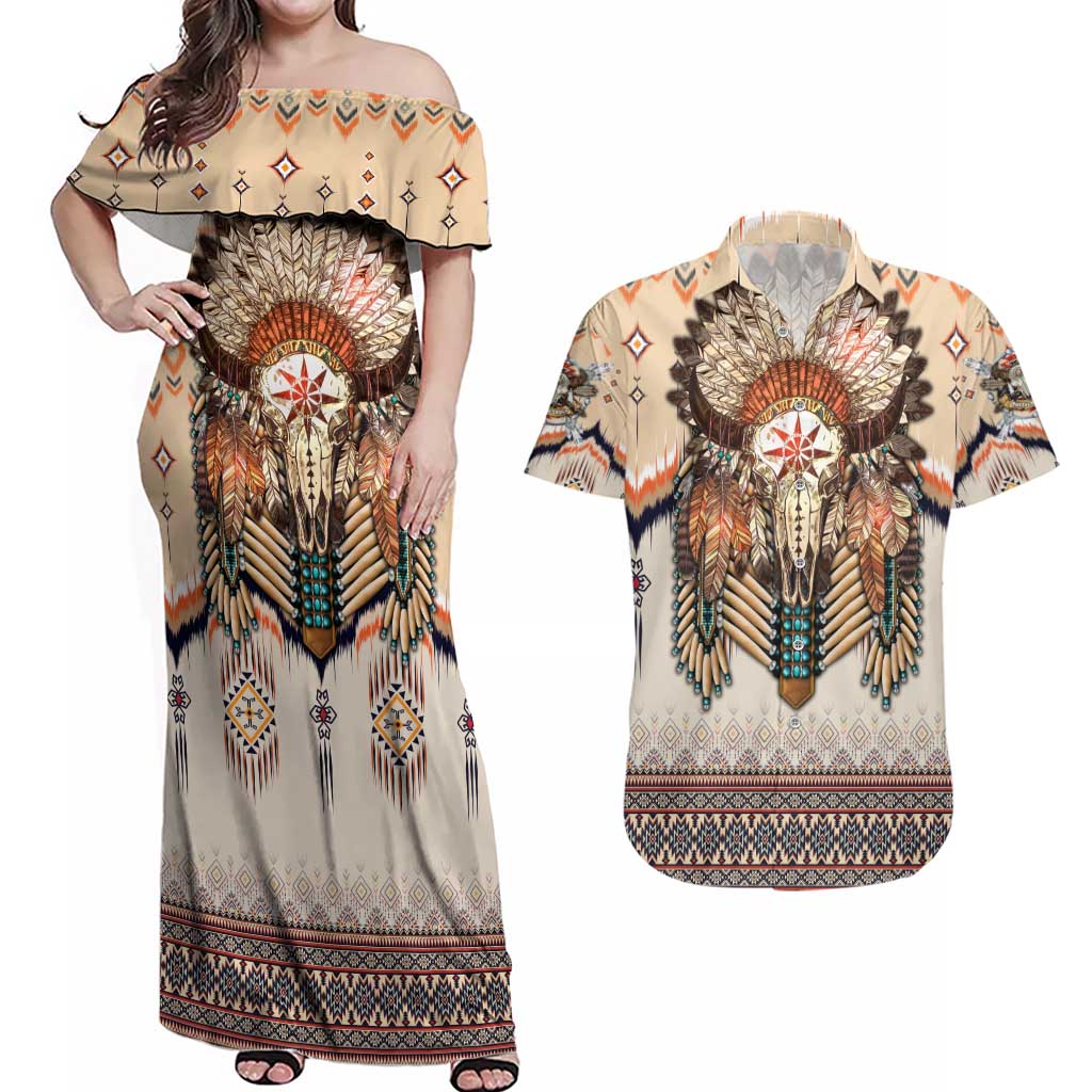 Native American Couples Matching Off Shoulder Maxi Dress and Hawaiian Shirt Buffalo Skull