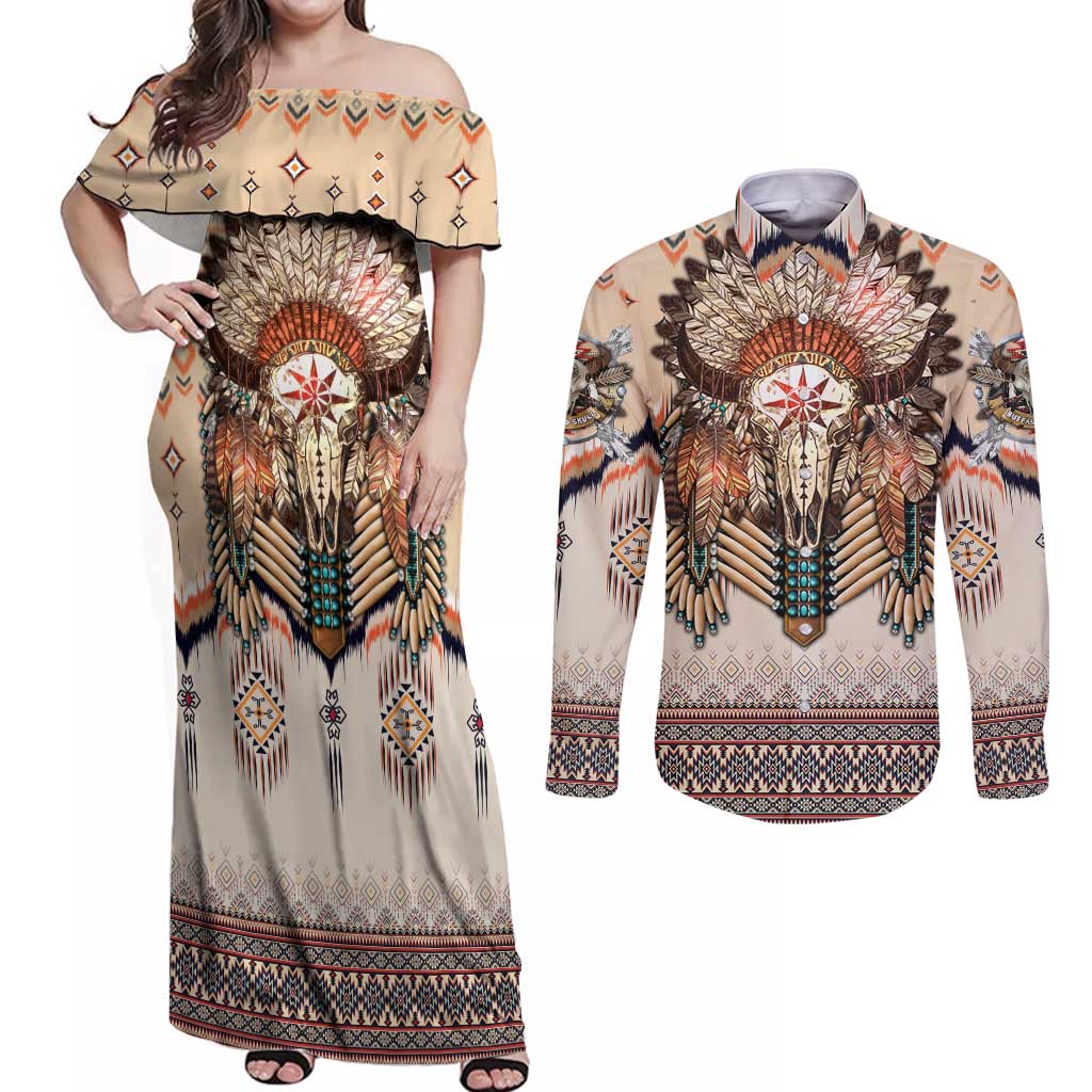 Native American Couples Matching Off Shoulder Maxi Dress and Long Sleeve Button Shirt Buffalo Skull