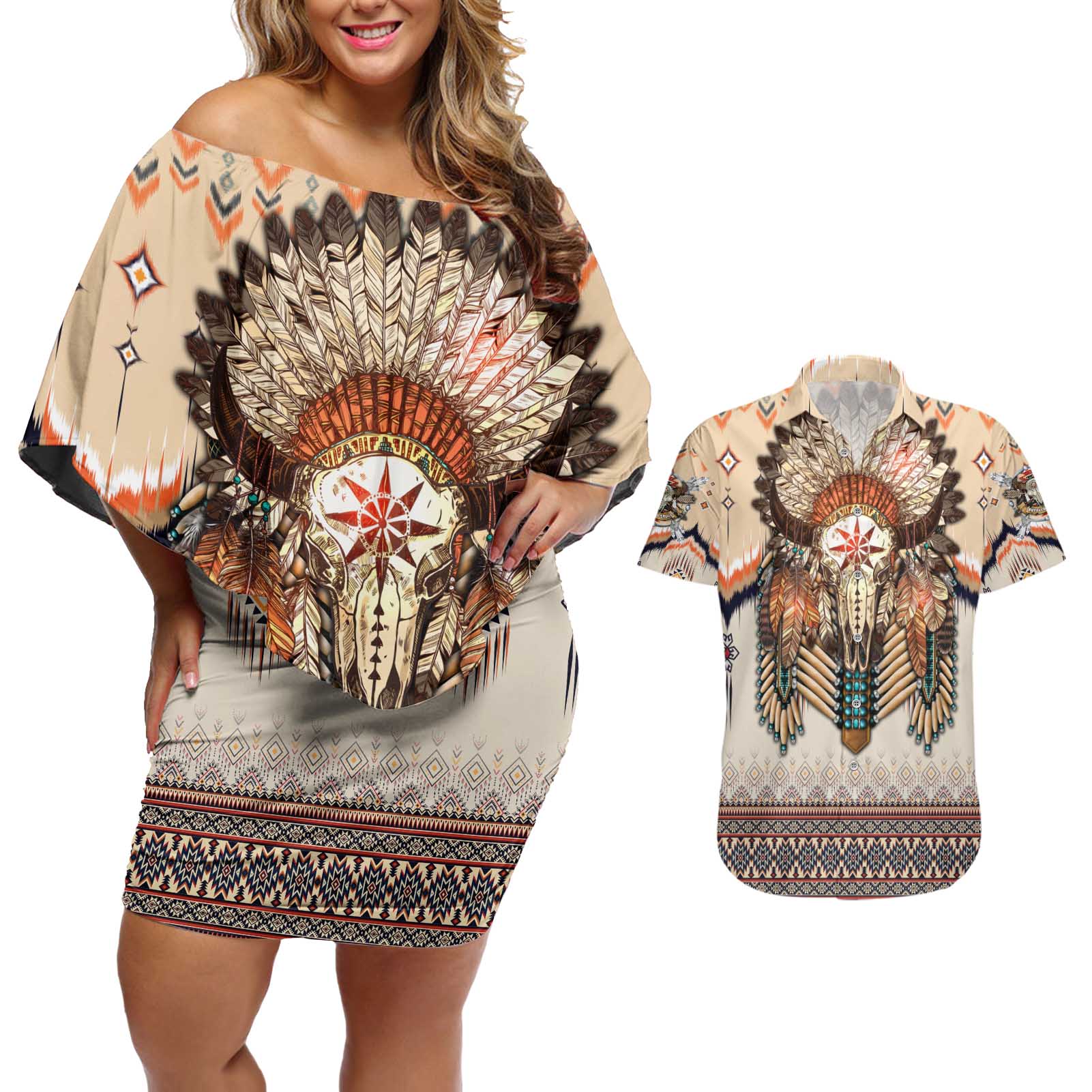 Native American Couples Matching Off Shoulder Short Dress and Hawaiian Shirt Buffalo Skull - Wonder Print Shop