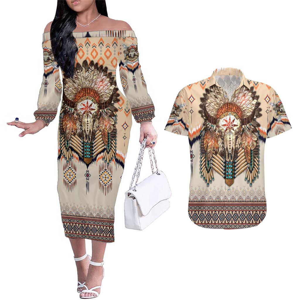 Native American Couples Matching Off The Shoulder Long Sleeve Dress and Hawaiian Shirt Buffalo Skull