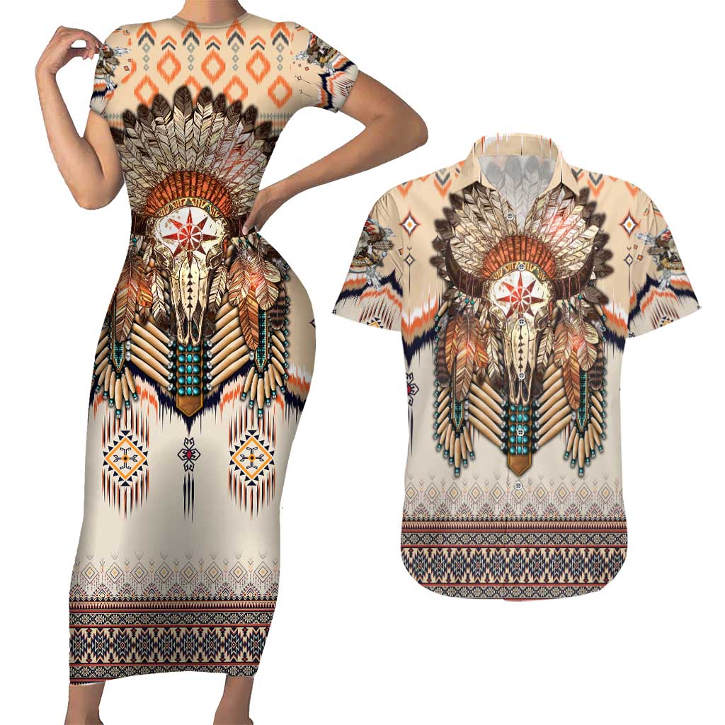 Native American Couples Matching Short Sleeve Bodycon Dress and Hawaiian Shirt Buffalo Skull - Wonder Print Shop