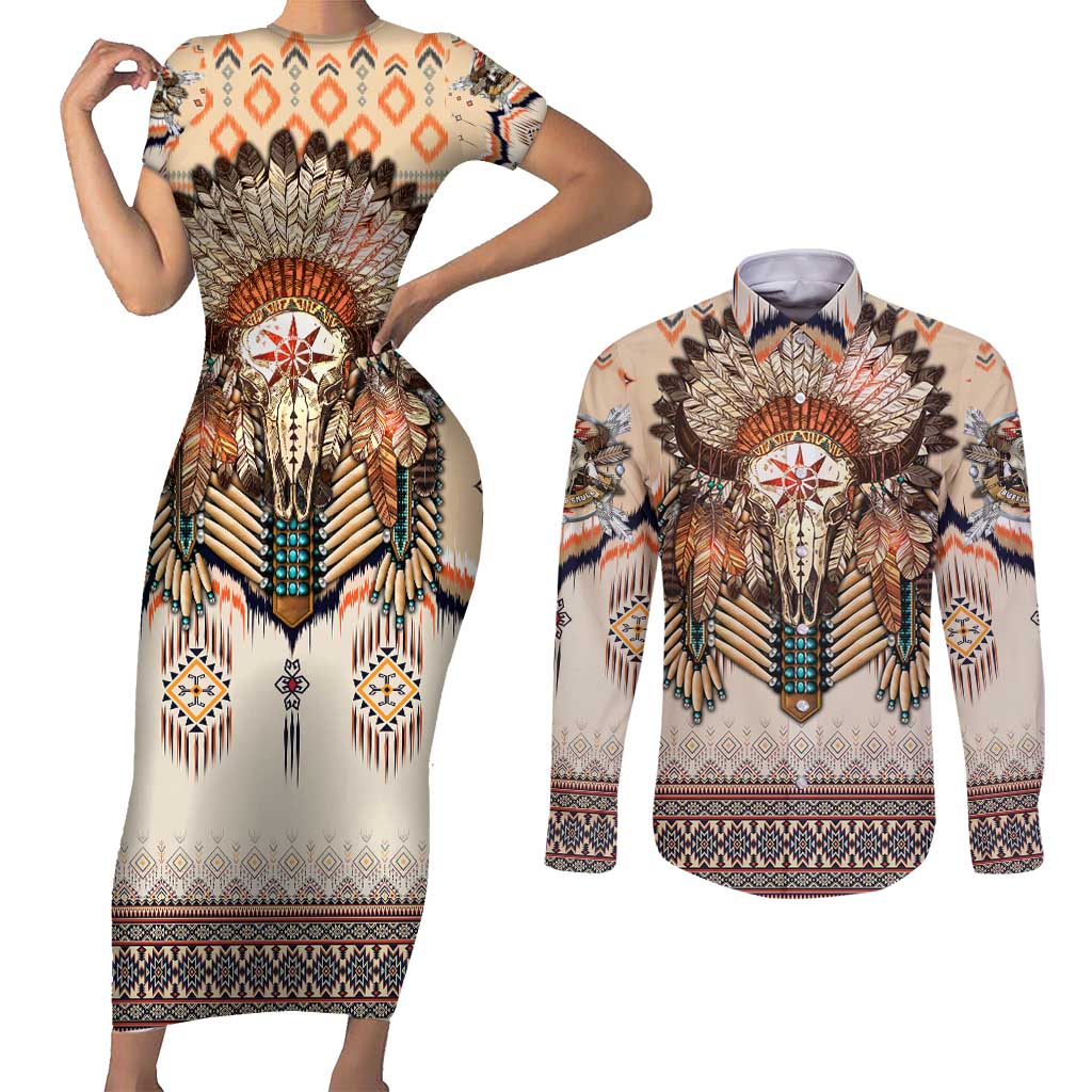 Native American Couples Matching Short Sleeve Bodycon Dress and Long Sleeve Button Shirt Buffalo Skull - Wonder Print Shop