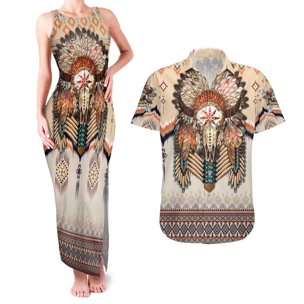 Native American Couples Matching Tank Maxi Dress and Hawaiian Shirt Buffalo Skull