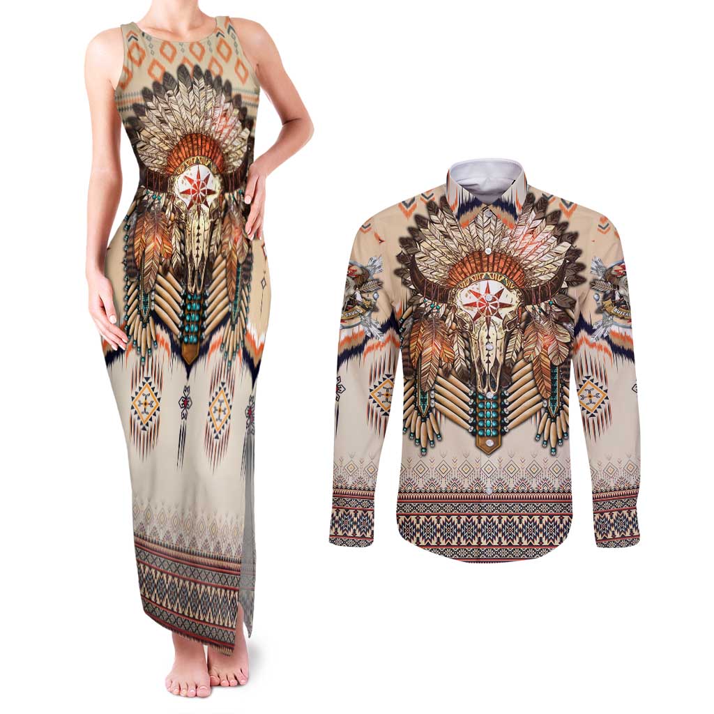 Native American Couples Matching Tank Maxi Dress and Long Sleeve Button Shirt Buffalo Skull