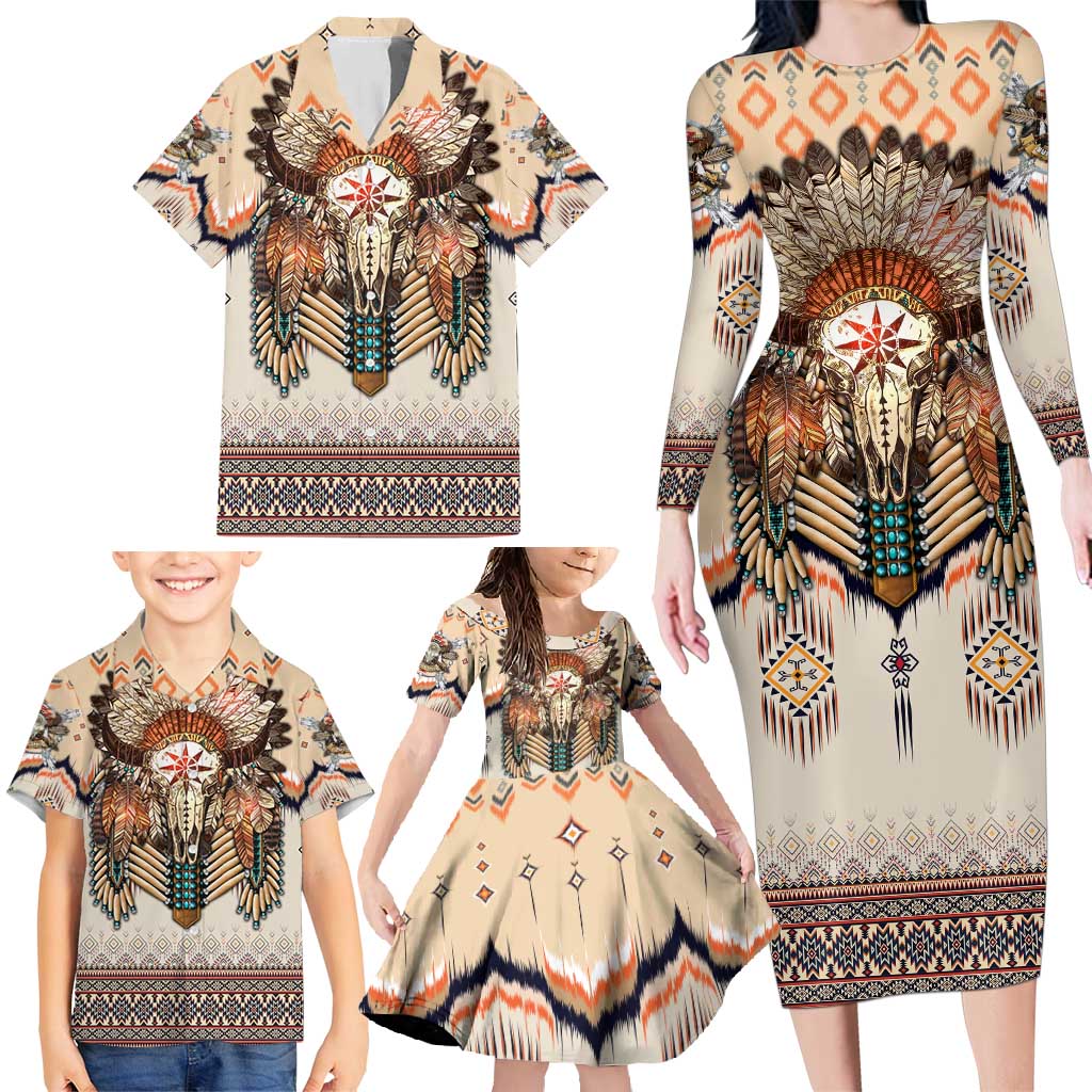 Native American Family Matching Long Sleeve Bodycon Dress and Hawaiian Shirt Buffalo Skull