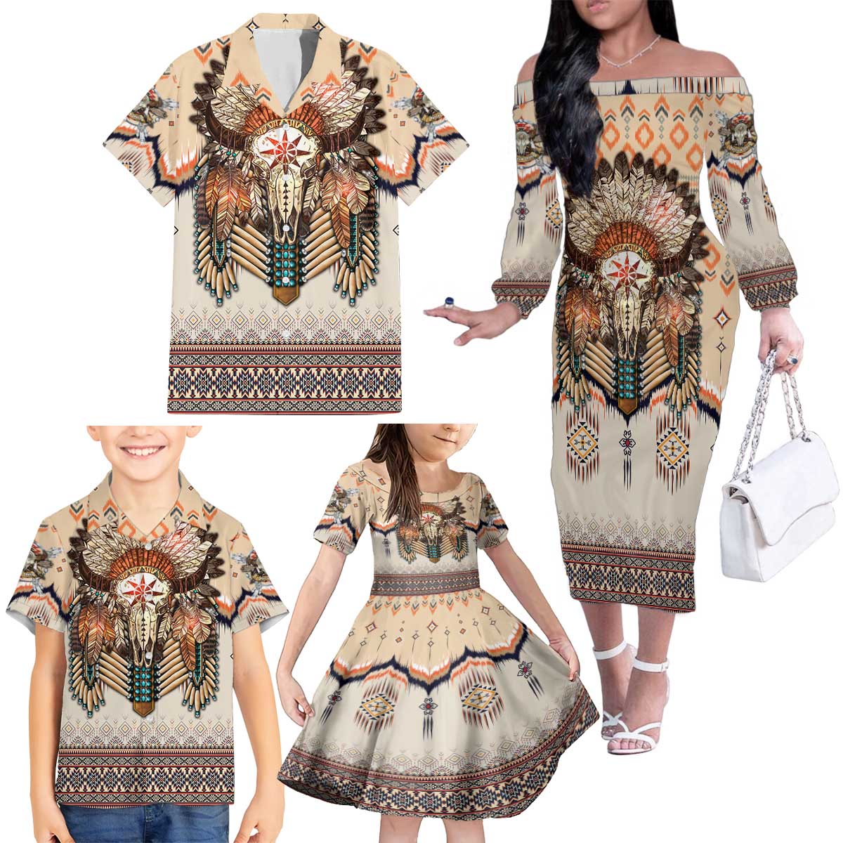 Native American Family Matching Off The Shoulder Long Sleeve Dress and Hawaiian Shirt Buffalo Skull