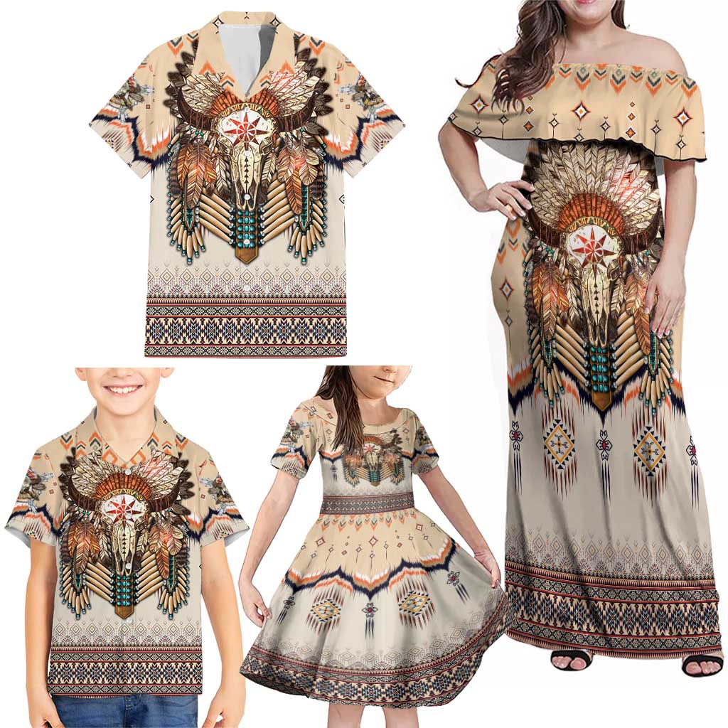 Native American Family Matching Off Shoulder Maxi Dress and Hawaiian Shirt Buffalo Skull