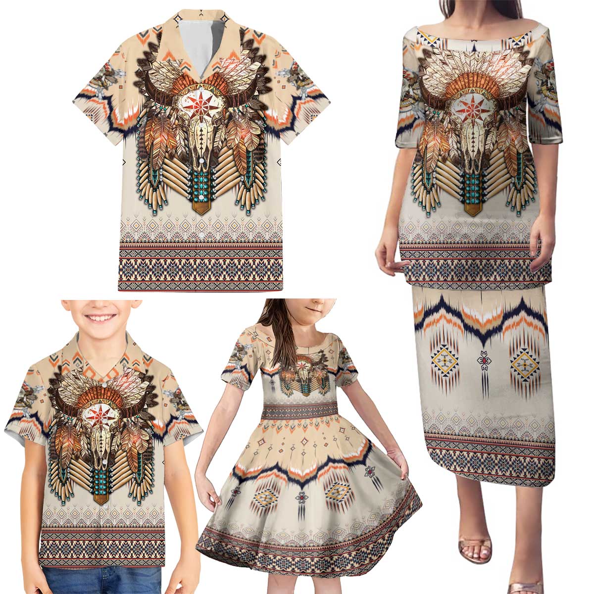 Native American Family Matching Puletasi and Hawaiian Shirt Buffalo Skull - Wonder Print Shop