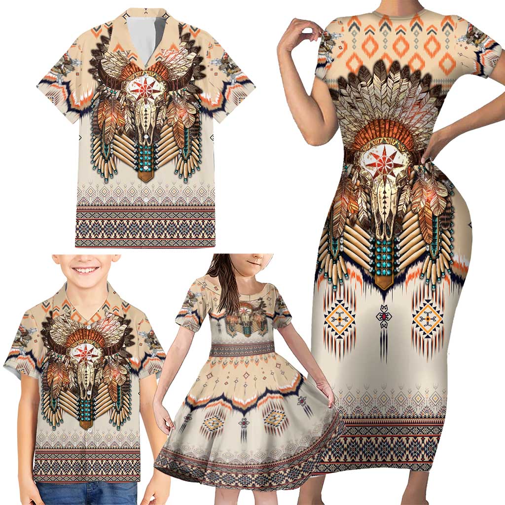 Native American Family Matching Short Sleeve Bodycon Dress and Hawaiian Shirt Buffalo Skull - Wonder Print Shop