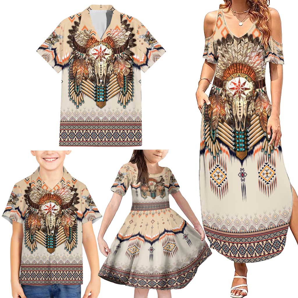 Native American Family Matching Summer Maxi Dress and Hawaiian Shirt Buffalo Skull