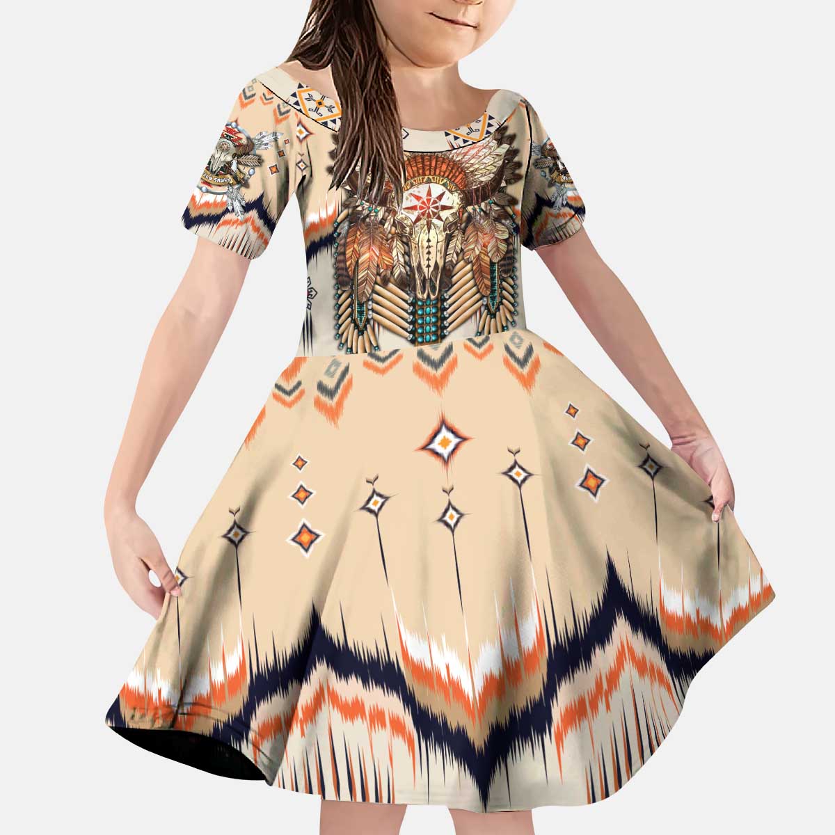 Native American Kid Short Sleeve Dress Buffalo Skull - Wonder Print Shop